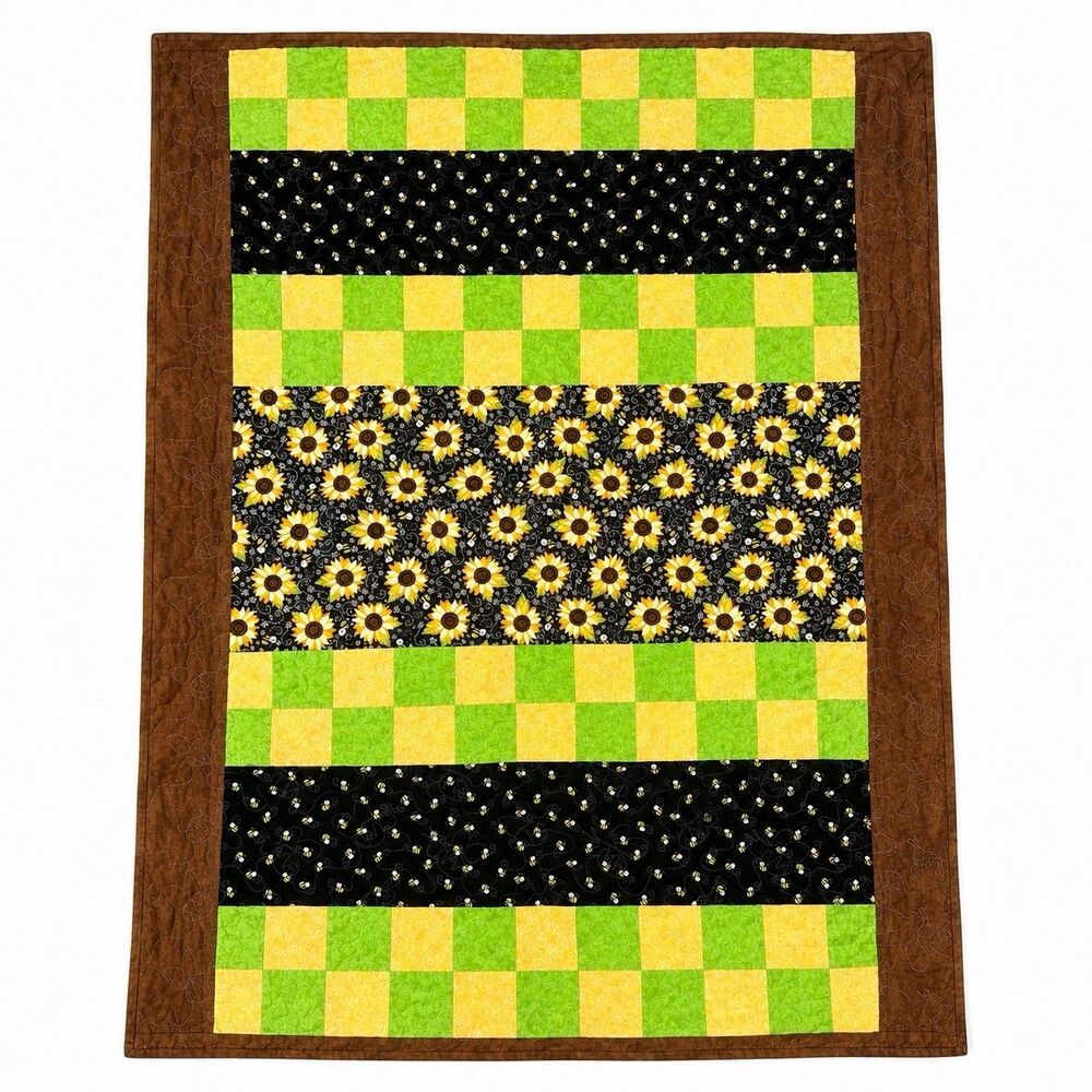 Handmade Sunflower Bee Lap Quilt 56x42.5 Floral Patchwork Throw Blanket Cottage